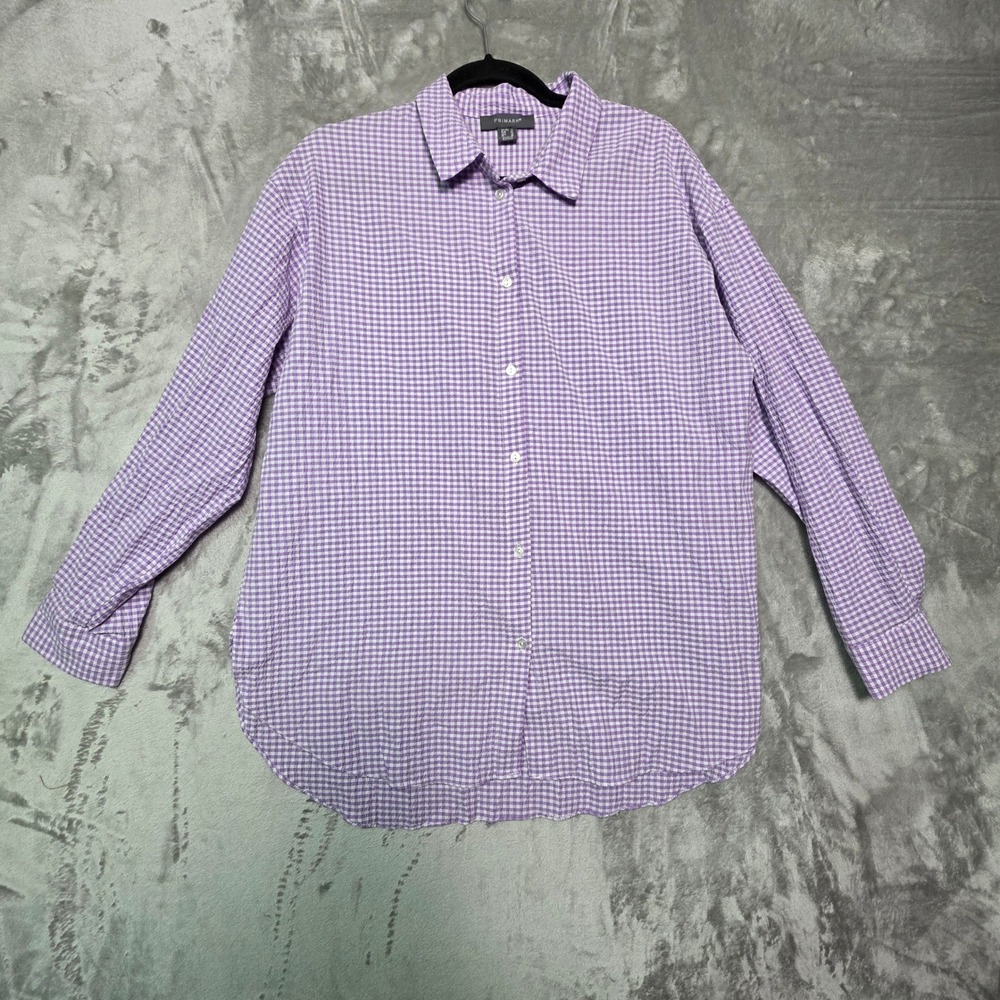 Primark Purple Gingham Seersucker Button Down Shirt Womens Size 10 Long Sleeve